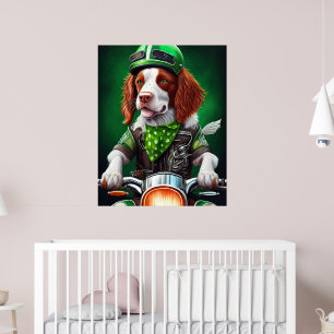 Brittany Spaniel driving bike St. Patrick's Day Poster