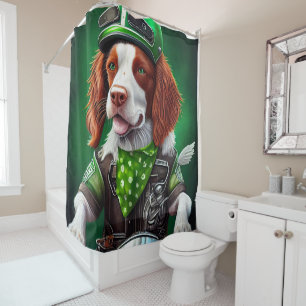 Brittany Spaniel driving bike St. Patrick's Day  Shower Curtain