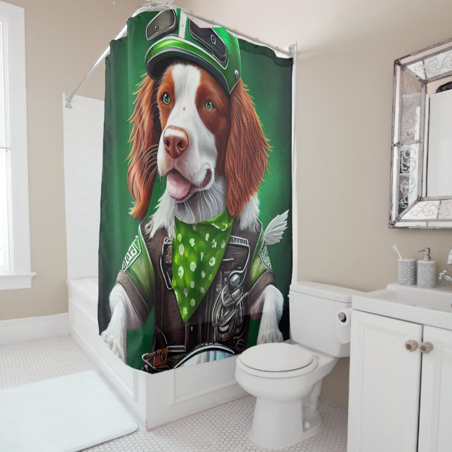 Brittany Spaniel driving bike St. Patrick's Day  Shower Curtain (In Situ)