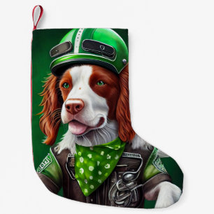 Brittany Spaniel driving bike St. Patrick's Day Small Christmas Stocking