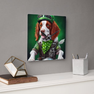 Brittany Spaniel driving bike St. Patrick's Day  Square Wall Clock