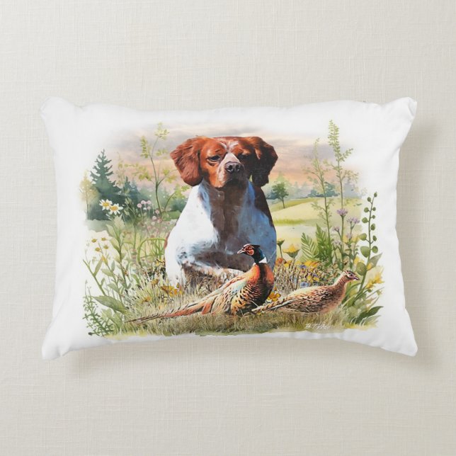 Brittany Spaniel – Field, Focus, Pheasant , Art  Decorative Cushion (Front)