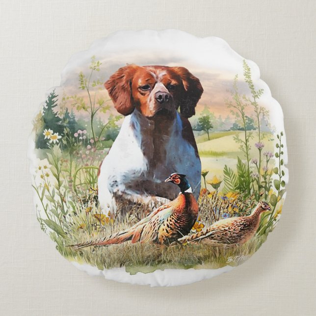 Brittany Spaniel – Field, Focus, Pheasant , Art  Round Cushion (Front)