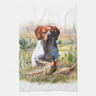 Brittany Spaniel – Field, Focus, Pheasant , Art Tea Towel