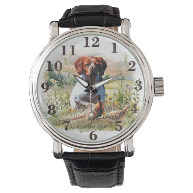 Brittany Spaniel – Field, Focus, Pheasant , Art  Watch (Front)
