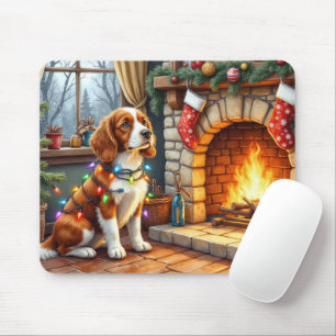 Brittany Spaniel Fireplace with Christmas Lights Mouse Mat