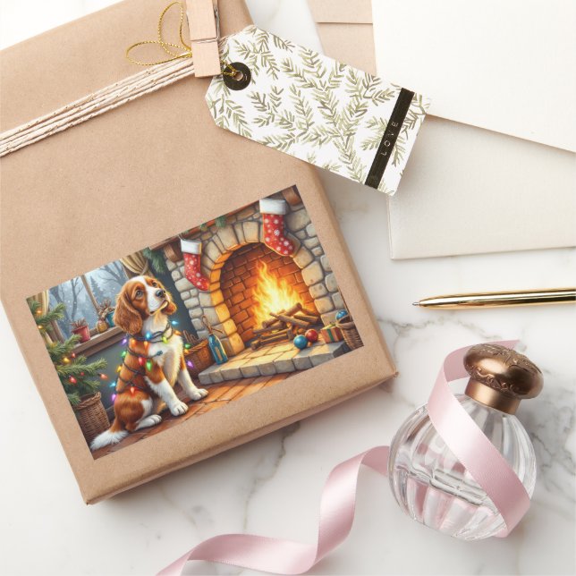 Brittany Spaniel Fireplace with Christmas Lights Rectangular Sticker (Gifting)