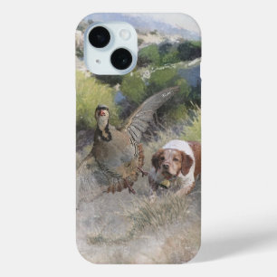 Brittany Spaniel hunting chukar partridge, Art iPhone 15 Case