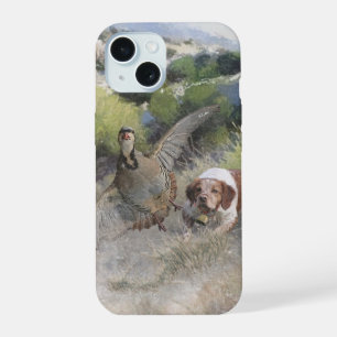 Brittany Spaniel hunting chukar partridge, Art iPhone 15 Case