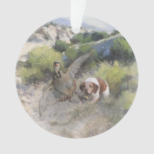 Brittany Spaniel hunting chukar partridge, Art Ornament