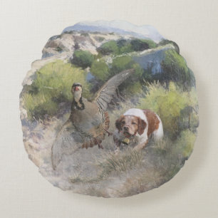 Brittany Spaniel hunting chukar partridge, Art Round Cushion