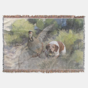Brittany Spaniel hunting chukar partridge, Art Throw Blanket