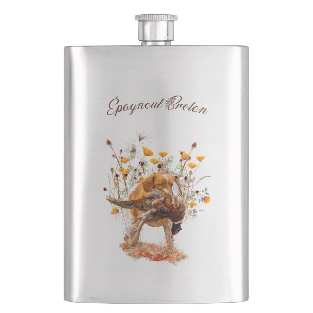 Brittany Spaniel, Hunting Pheasant Coffee Mug Flas Hip Flask (Front)