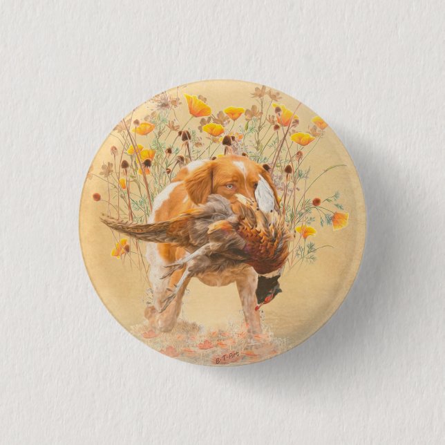 Brittany Spaniel, Hunting Pheasant Coffee Mug T-Sh 3 Cm Round Badge (Front)
