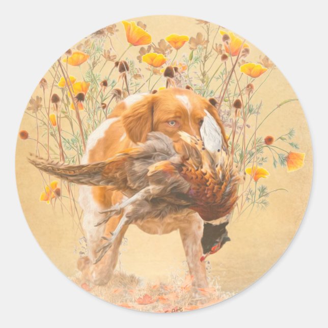Brittany Spaniel, Hunting Pheasant Coffee Mug T-Sh Classic Round Sticker (Front)