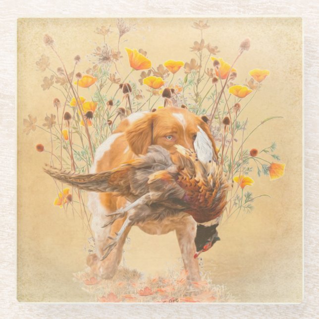 Brittany Spaniel, Hunting Pheasant Coffee Mug T-Sh Glass Coaster (Front)