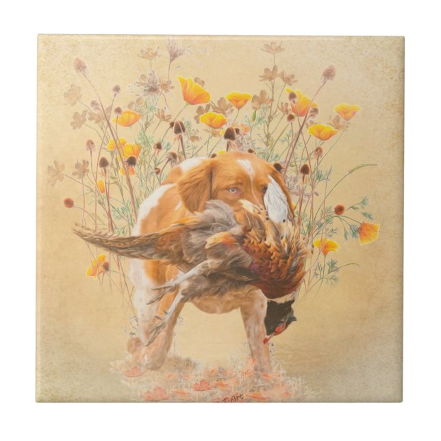 Brittany Spaniel, Hunting Pheasant Coffee Mug T-Sh Tile (Front)