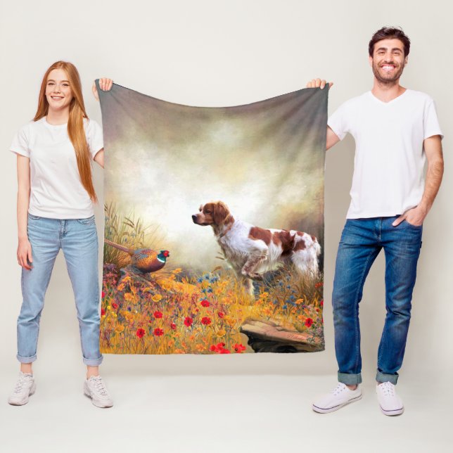Brittany Spaniel, Hunting Pheasant    Fleece Blanket (In Situ)