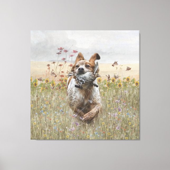 Brittany Spaniel hunting quail , Art   Canvas Print (Front)