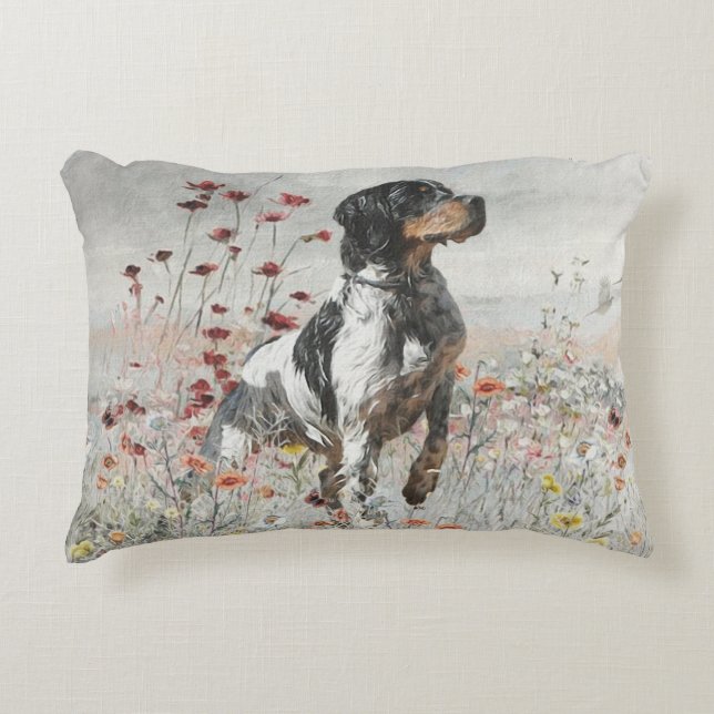 Brittany Spaniel hunts in the field     Decorative Cushion (Front)