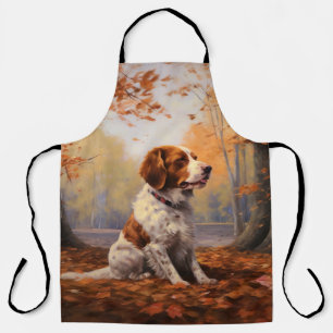 Brittany Spaniel in Autumn Leaves Fall Inspire  Apron