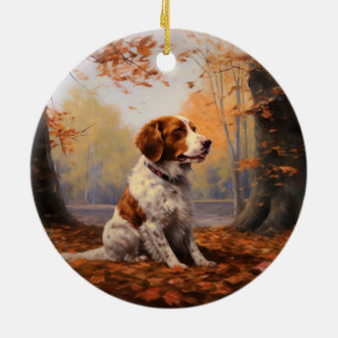 Brittany Spaniel in Autumn Leaves Fall Inspire  Ceramic Tree Decoration