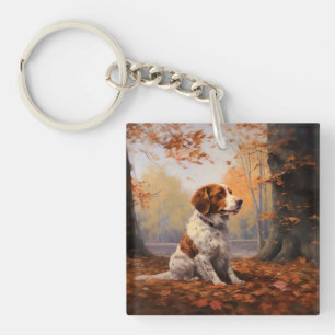 Brittany Spaniel in Autumn Leaves Fall Inspire  Key Ring