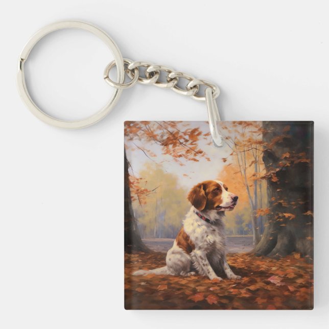 Brittany Spaniel in Autumn Leaves Fall Inspire  Key Ring (Front)