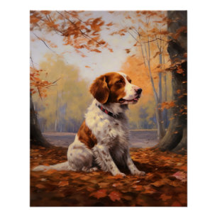 Brittany Spaniel in Autumn Leaves Fall Inspire  Poster