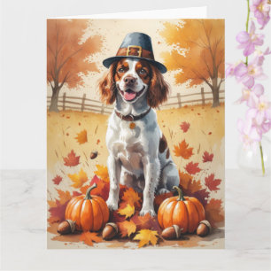 Brittany Spaniel In Autumn Leaves Thanksgiving Art Card