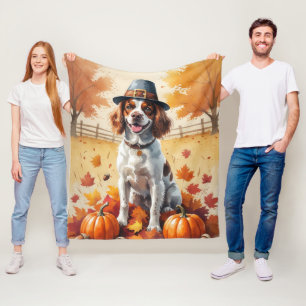 Brittany Spaniel In Autumn Leaves Thanksgiving Art Fleece Blanket