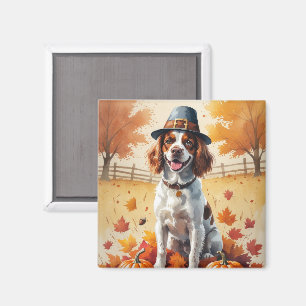 Brittany Spaniel In Autumn Leaves Thanksgiving Art Magnet