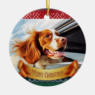 Brittany spaniel in Car Window Ceramic Tree Decoration
