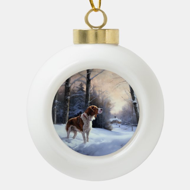 Brittany Spaniel Let It Snow Christmas Ceramic Ball Christmas Ornament (Front)