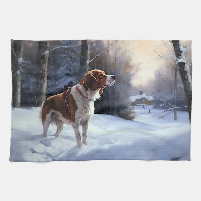 Brittany Spaniel Let It Snow Christmas Tea Towel (Horizontal)