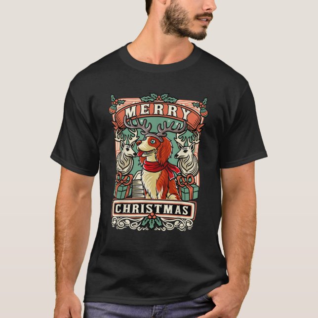 Brittany Spaniel Merry Bright Christmas Santa Clau T-Shirt (Front)
