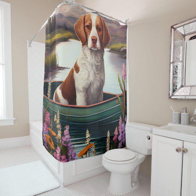 Brittany Spaniel on a Paddle: A Scenic Adventure Shower Curtain (In Situ)