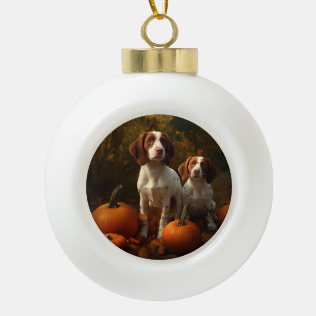 Brittany Spaniel Puppy Autumn Delight Pumpkin  Ceramic Ball Christmas Ornament (Front)