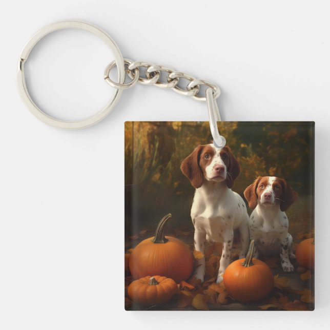 Brittany Spaniel Puppy Autumn Delight Pumpkin  Key Ring (Front)