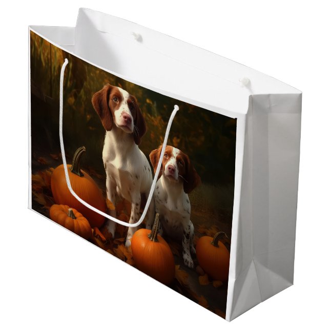 Brittany Spaniel Puppy Autumn Delight Pumpkin  Large Gift Bag (Front Angled)