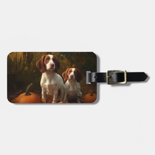 Brittany Spaniel Puppy Autumn Delight Pumpkin  Luggage Tag (Front Horizontal)