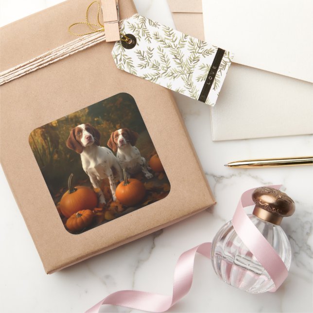Brittany Spaniel Puppy Autumn Delight Pumpkin  Square Sticker (Gifting)