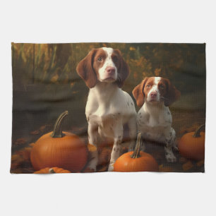 Brittany Spaniel Puppy Autumn Delight Pumpkin  Tea Towel