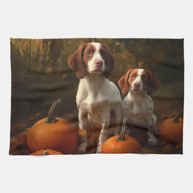 Brittany Spaniel Puppy Autumn Delight Pumpkin  Tea Towel (Horizontal)