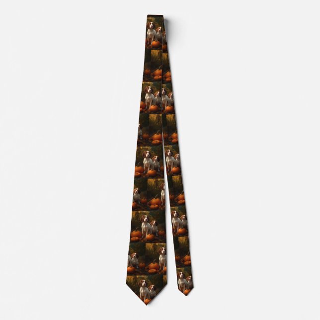 Brittany Spaniel Puppy Autumn Delight Pumpkin  Tie (Front)