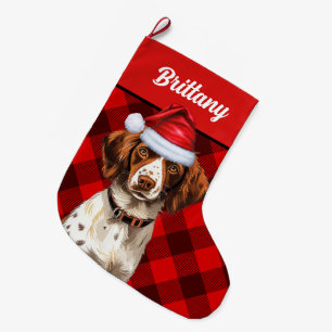 Brittany Spaniel Red Buffalo Plaid Personalised Large Christmas Stocking
