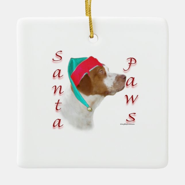 Brittany Spaniel Santa Paws Ceramic Ornament (Front)