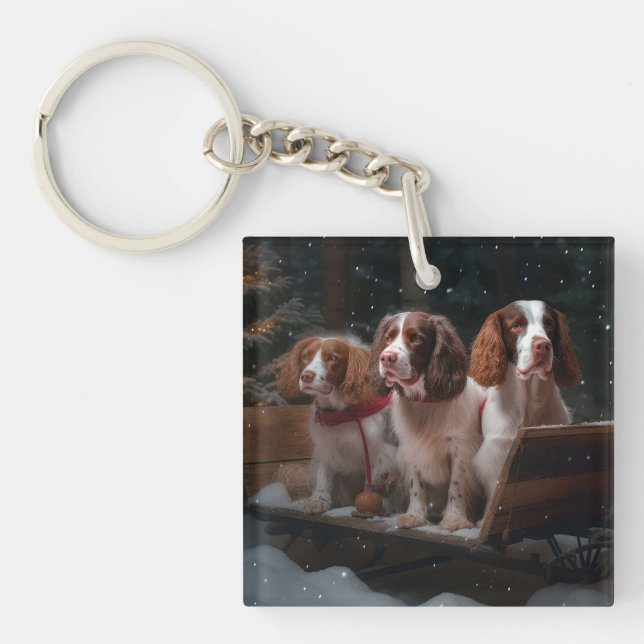 Brittany Spaniel Snowy Sleigh Christmas Decor  Key Ring (Front)