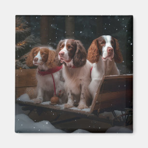 Brittany Spaniel Snowy Sleigh Christmas Decor Magnet