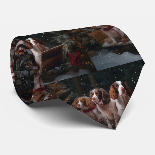 Brittany Spaniel Snowy Sleigh Christmas Decor   Tie (Rolled)
